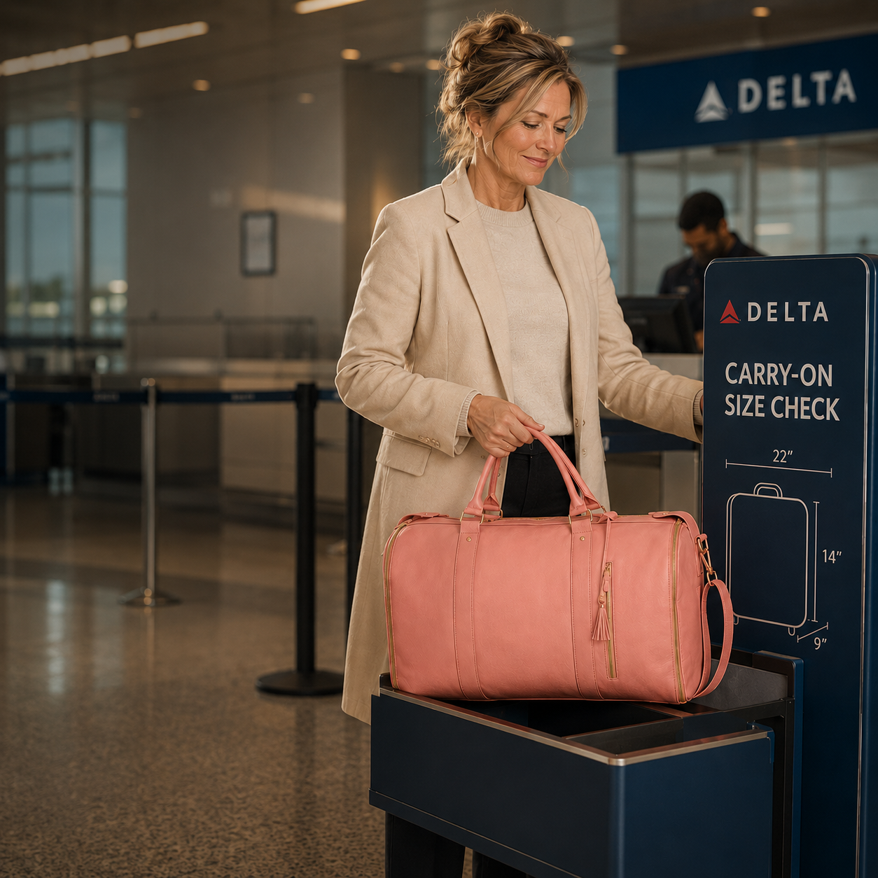 A traveler fitting the Vohxe bag into the airline carry-on size checker