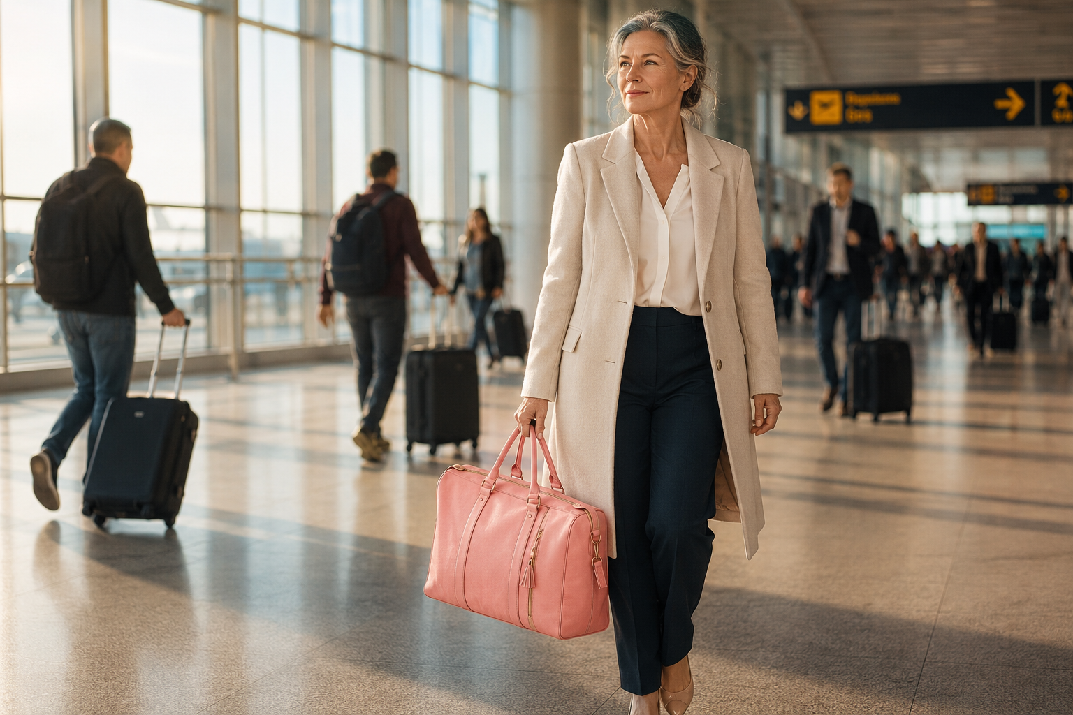 A woman walking through the terminal with a single Vohxe carry-on