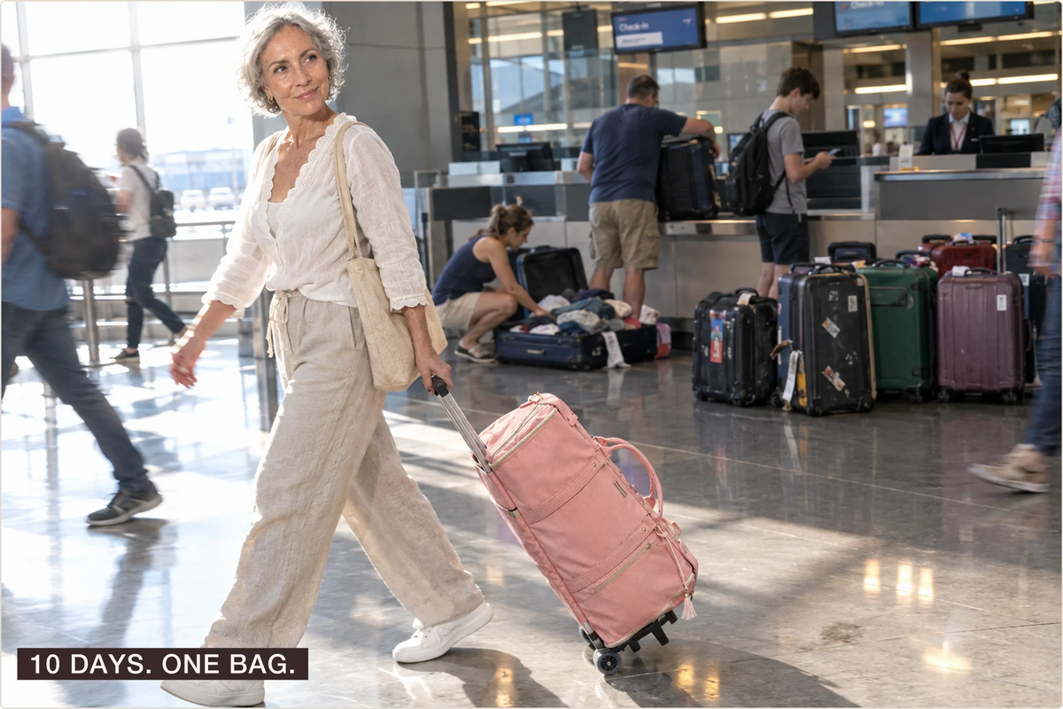 A woman in her sixties walks through an airport pulling one pink Vohxe bag past travellers struggling with piles of suitcases