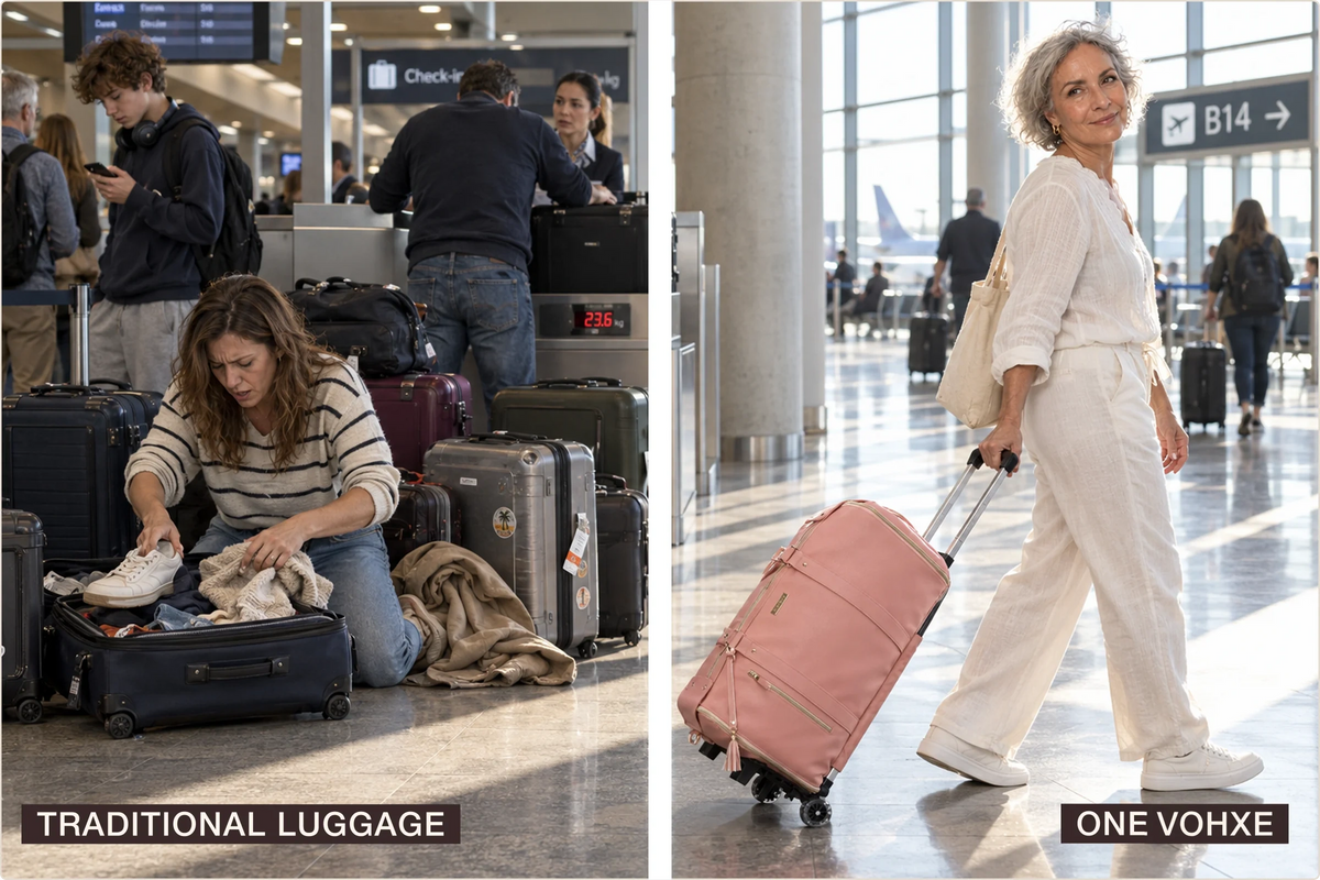 Side by side: a woman kneeling among overstuffed suitcases at check-in, labelled Traditional luggage, and a woman walking calmly with one Vohxe bag, labelled One Vohxe