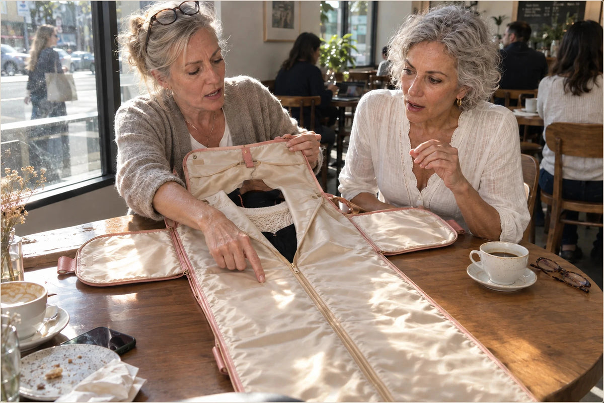 Two women at a cafe table as one unfolds the Vohxe garment section to show how it opens