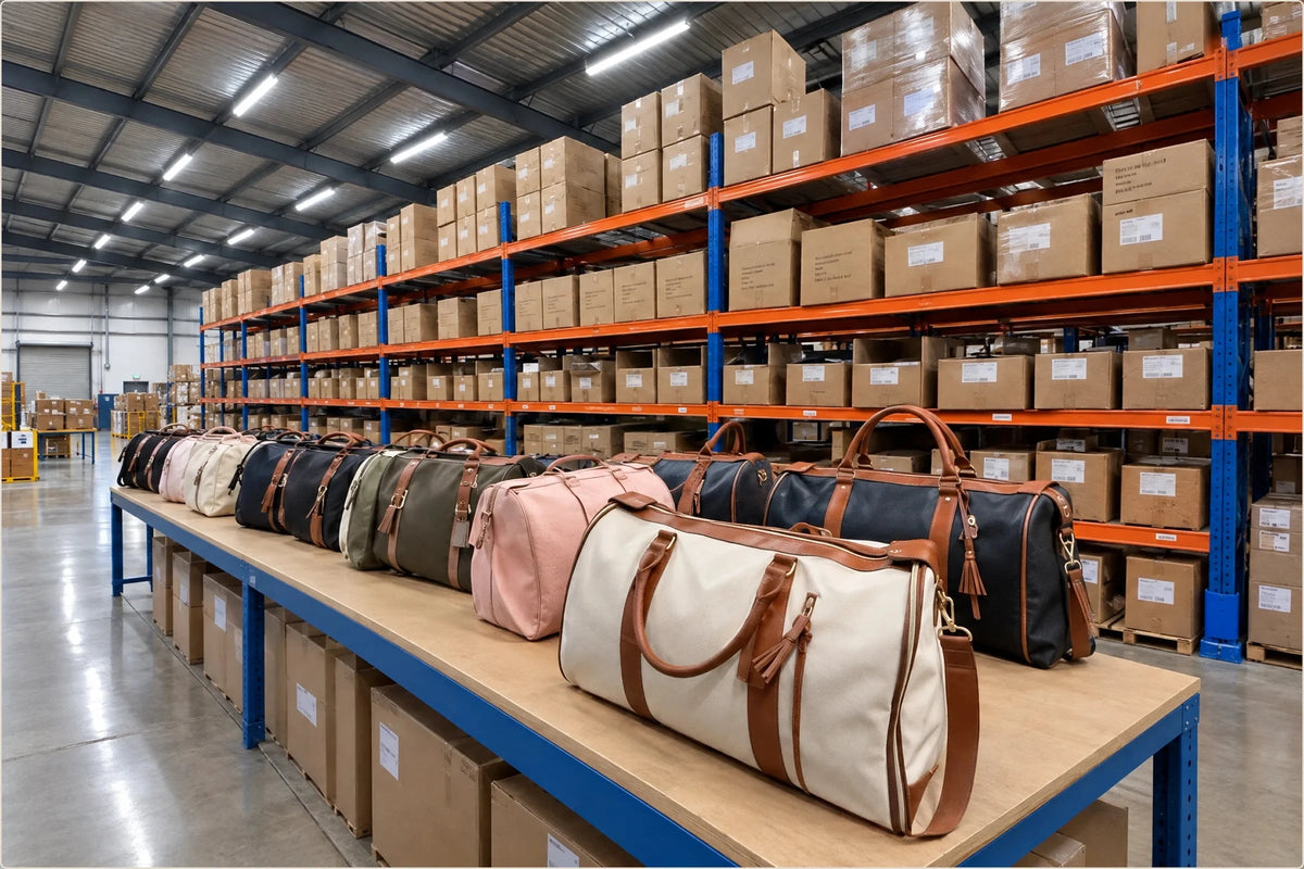 Rows of Vohxe bags in several colours lined up on a table in a warehouse stacked with shipping boxes