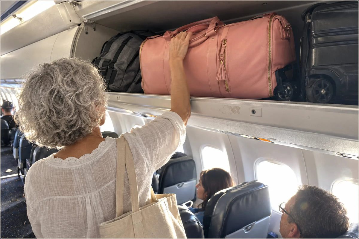 The grandmother lifts her pink Vohxe bag into an airplane overhead bin