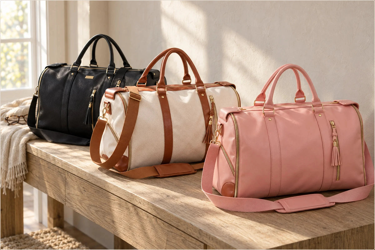 Three Vohxe bags in black, cream and pink on a wooden bench in soft sunlight