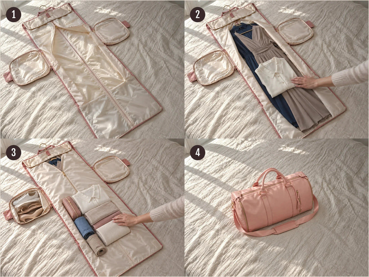 Four numbered steps: the Vohxe bag opened flat, a dress laid in the garment section, clothes packed in the centre, and the bag zipped closed as a duffel