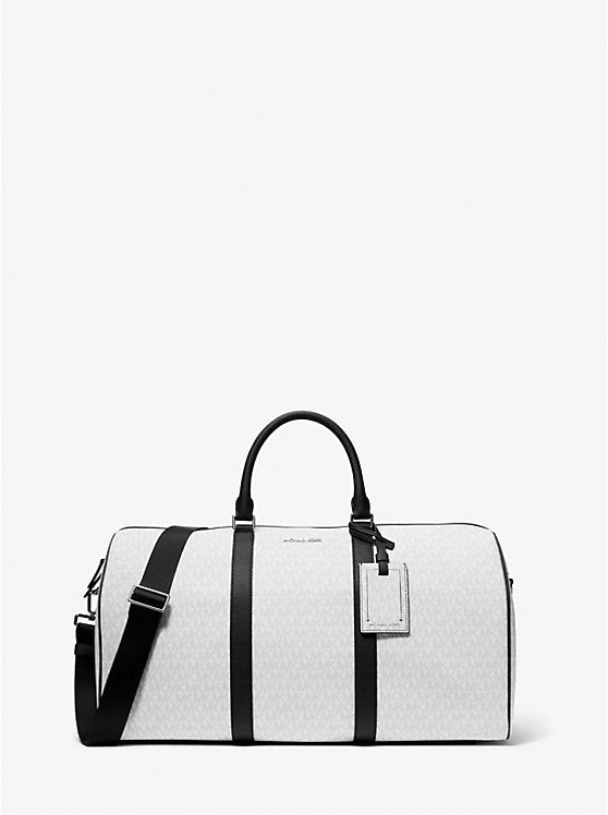 A white duffel bag with black straps and a shoulder strap.