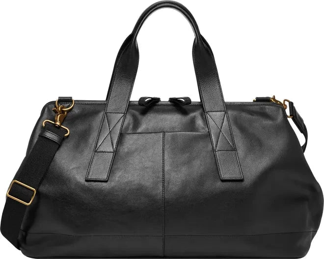 Black leather duffel bag with shoulder strap and gold hardware.