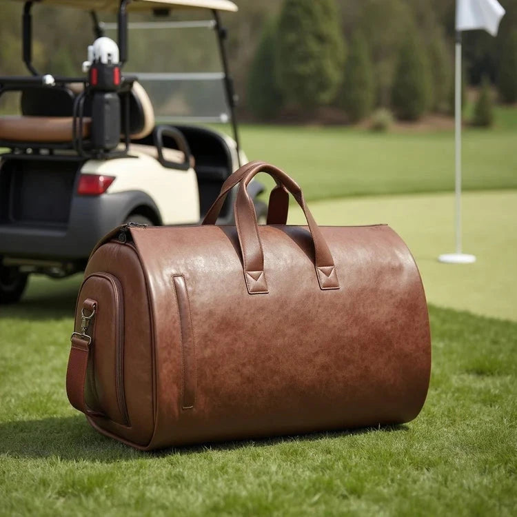 Brown leather duffel bag on grass beside a golf cart.