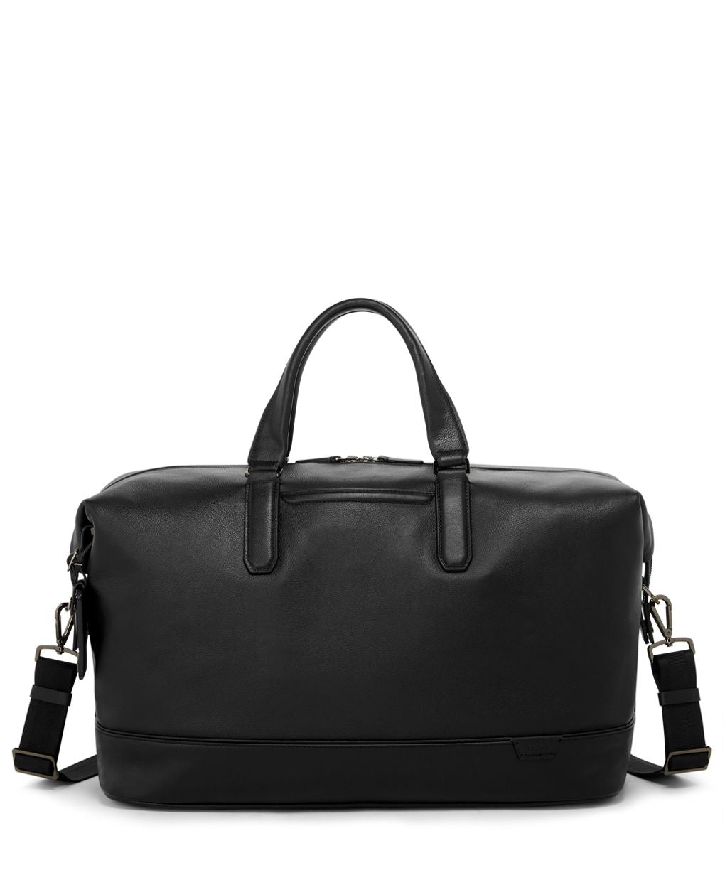 Sleek black leather duffle bag with handles and detachable shoulder strap.