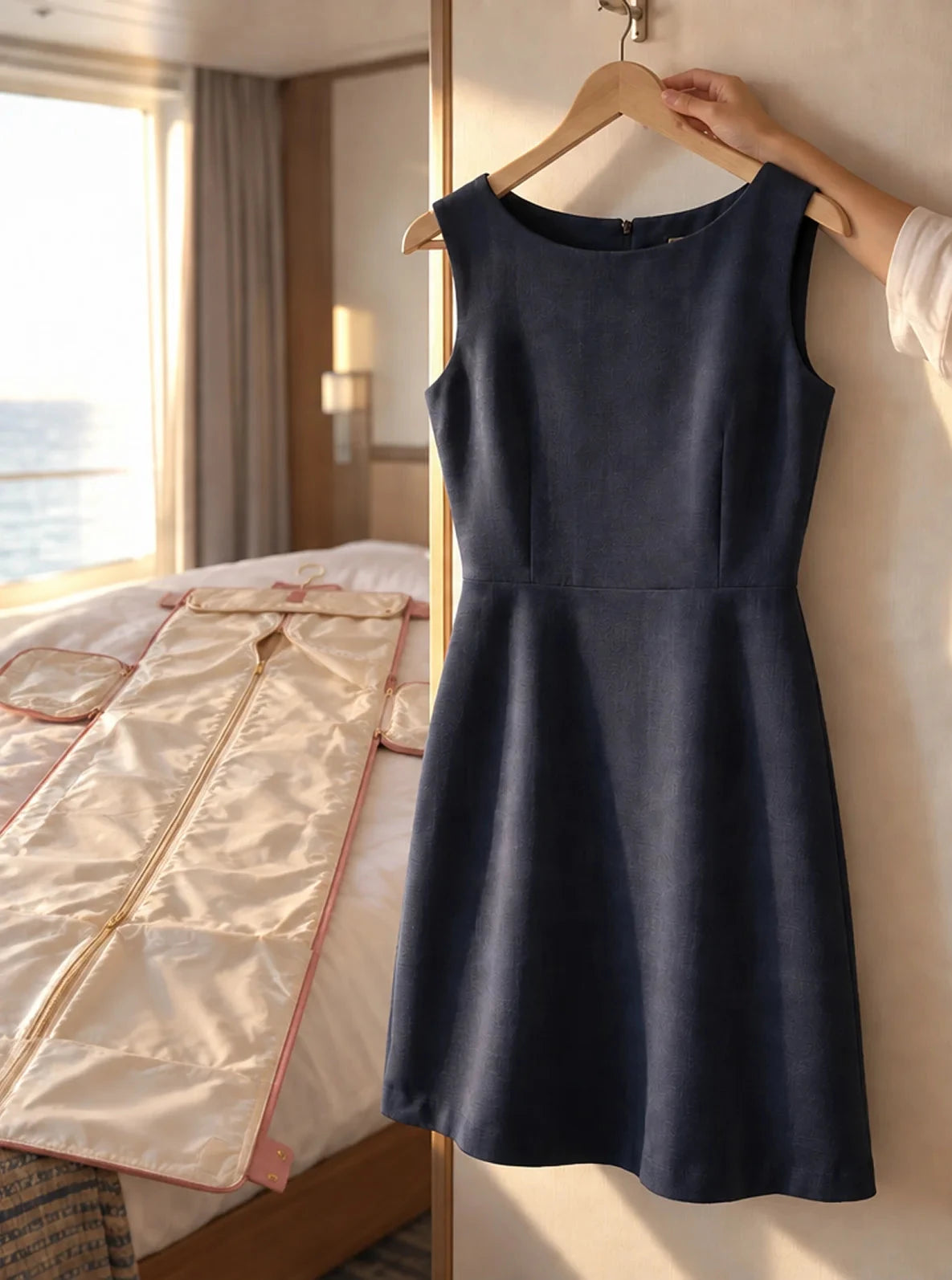 The same navy dress hanging smooth, beside the unfolded Vohxe garment section