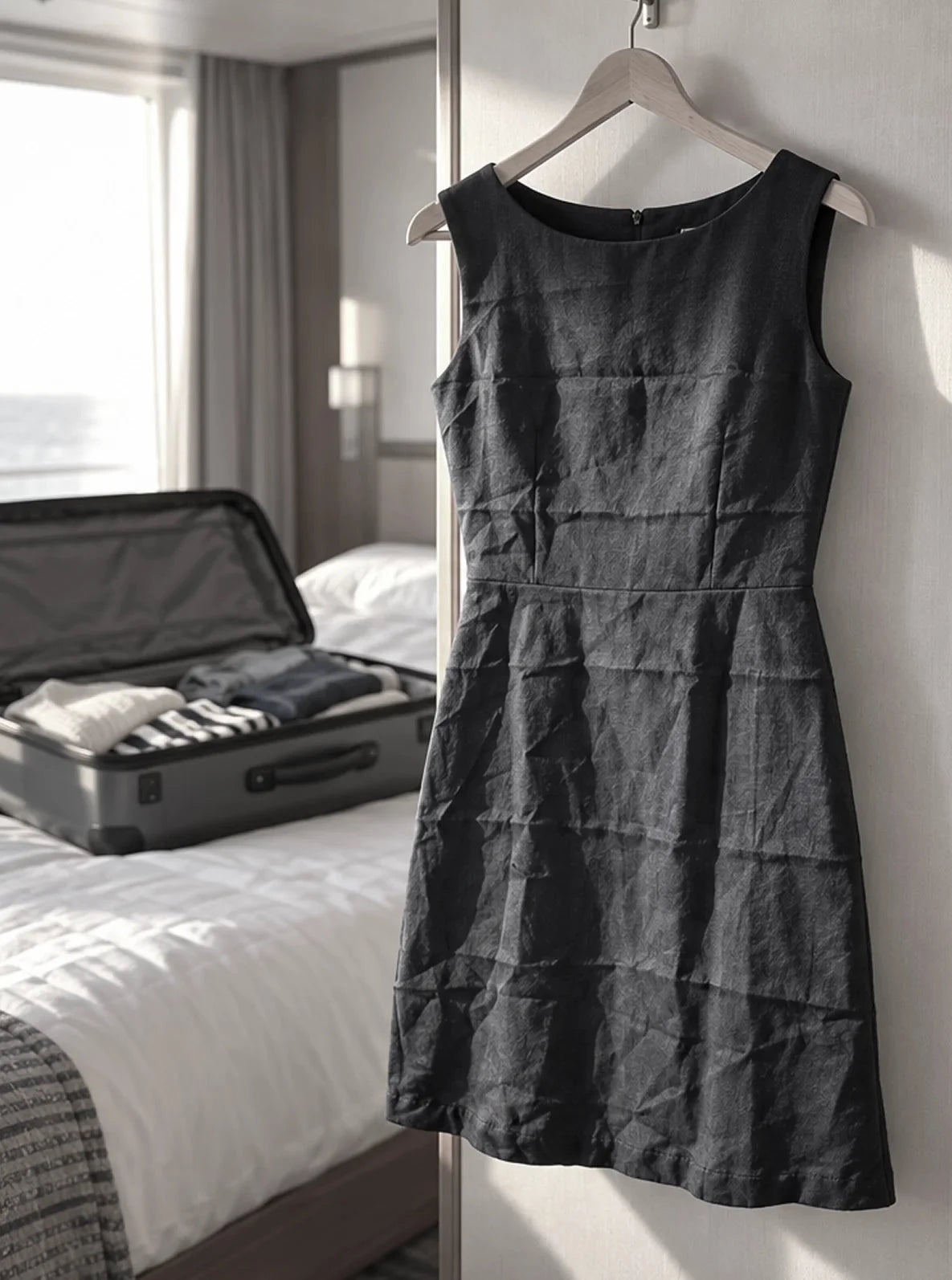 A wrinkled navy dress on a hanger in a cruise cabin, beside an open suitcase