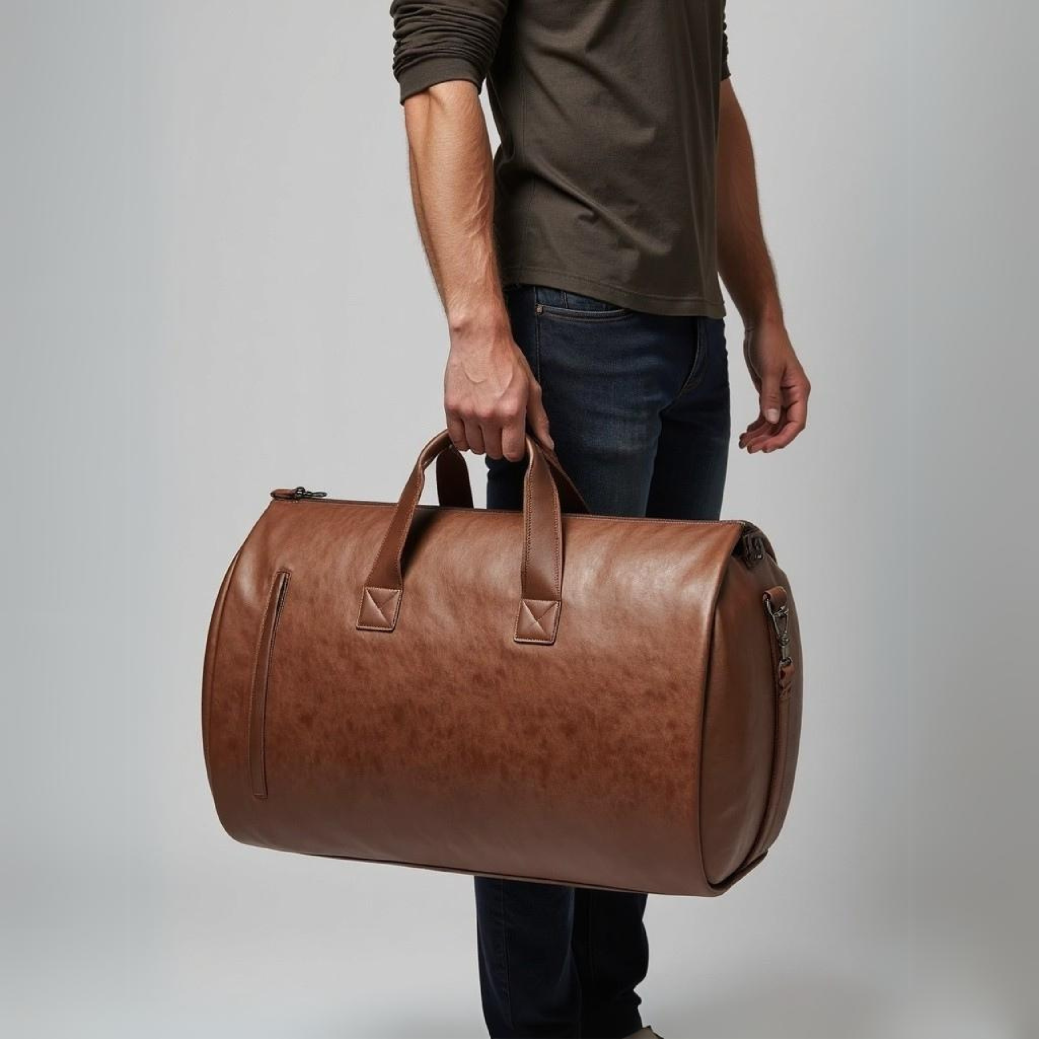Man holding a large brown leather duffel bag.
