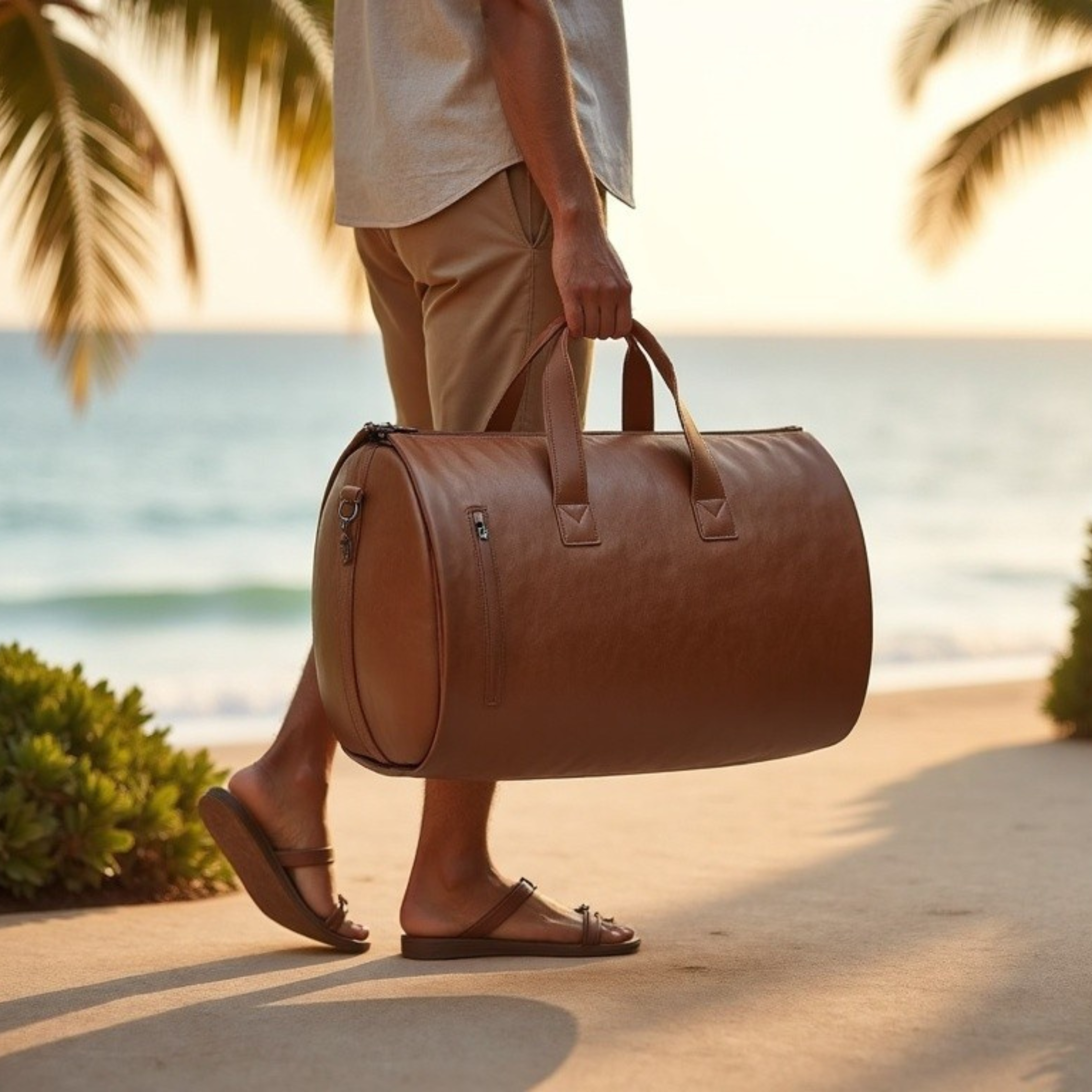 Man walking on a beach carrying a large, brown leather bag.