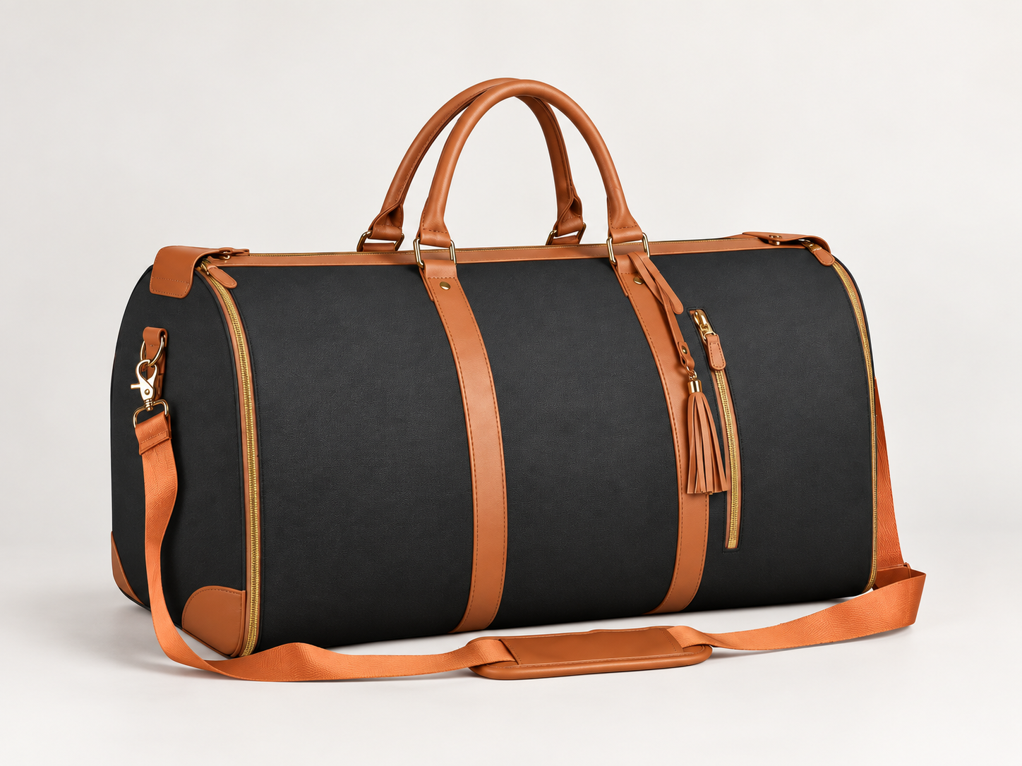 Charcoal black Vohxe Travel Bag with tan trim.