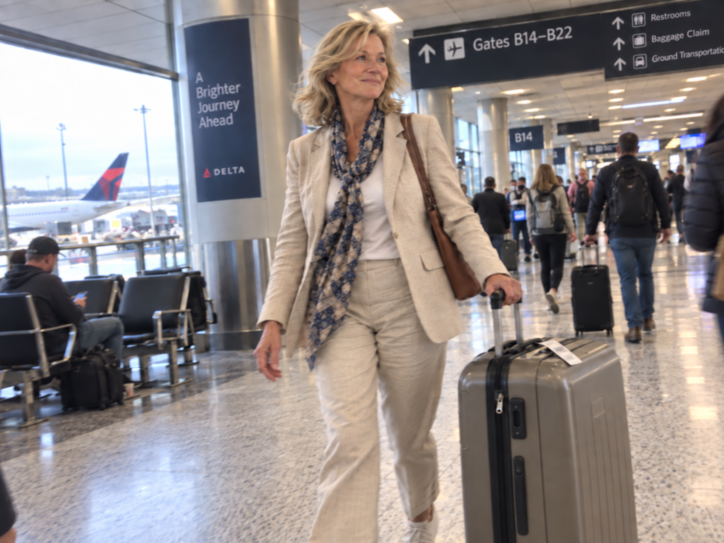 Linda, 64, walking through an airport with a standard hard-shell carry-on before she discovers Vohxe.