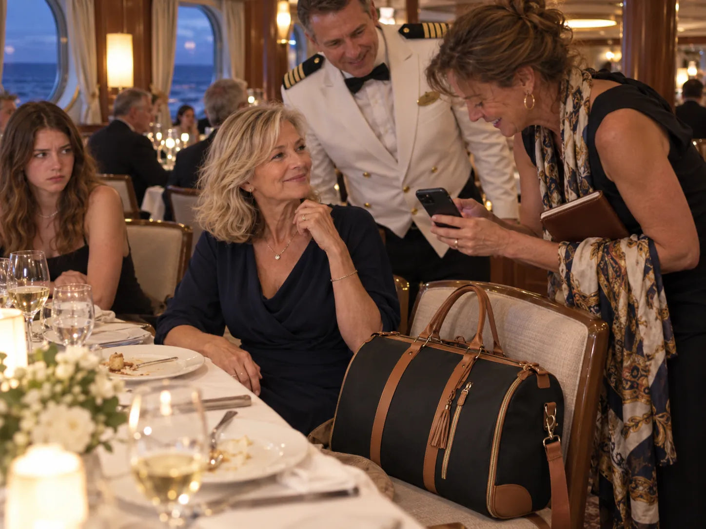 A woman and ship officer asking Linda about her Vohxe during formal dinner.