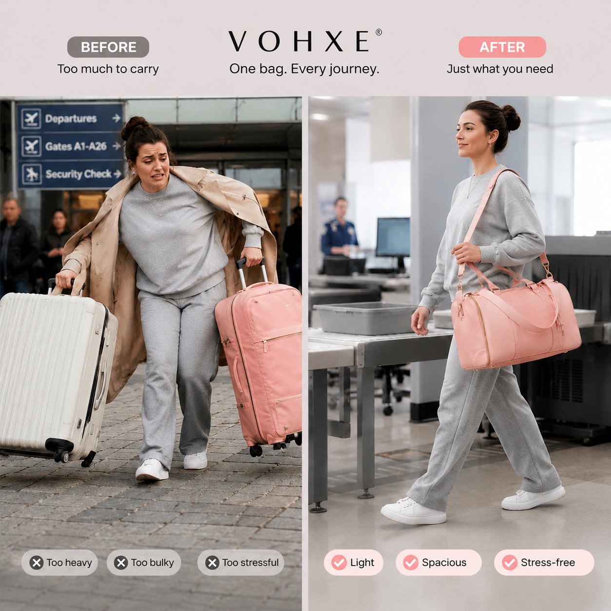 Smart traveler breezing through the airport with a single carry-on — no checked bags, hands free