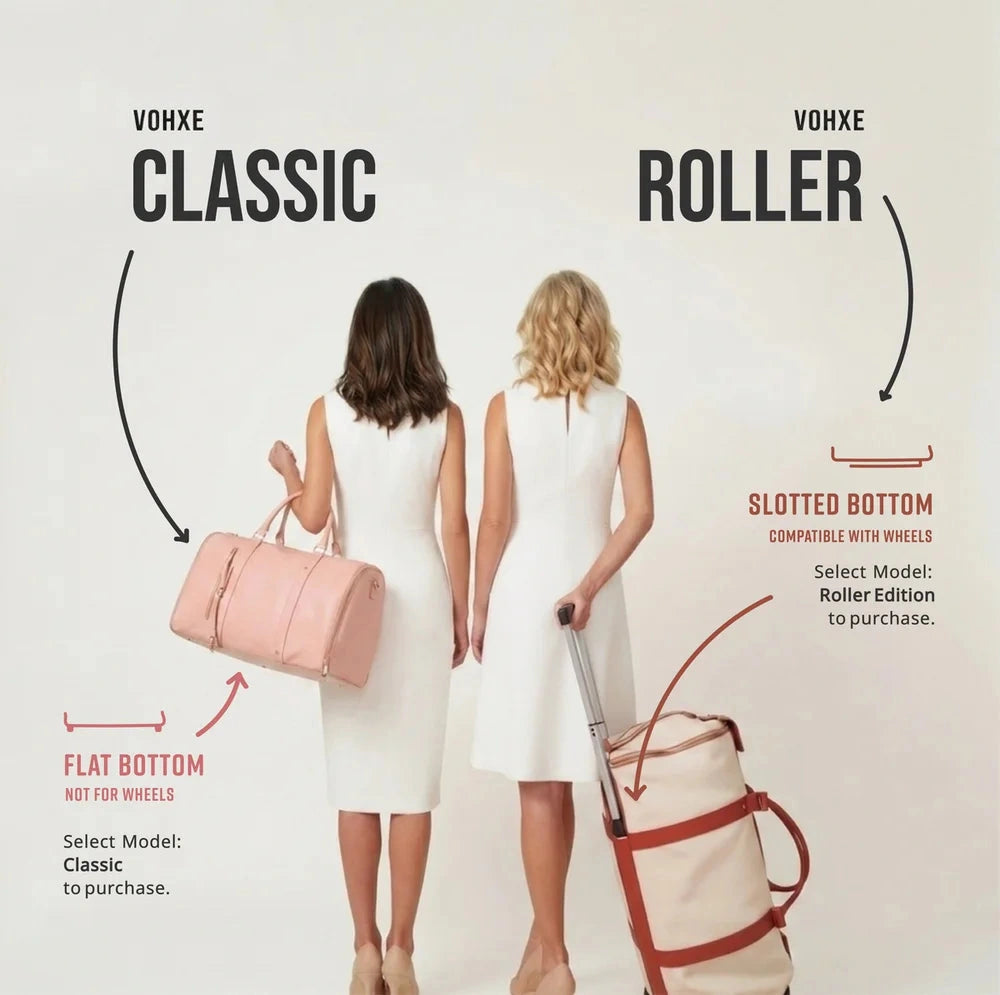 Two women walking side by side, one carrying the Vohxe Classic, the other rolling the Vohxe Roller Edition