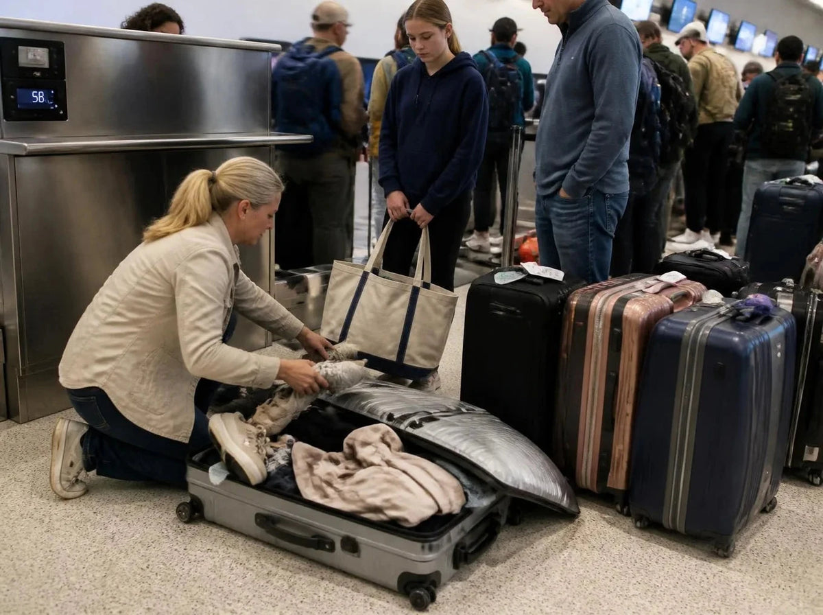 A woman kneeling on the airport floor repacking an overweight suitcase at the check in counter