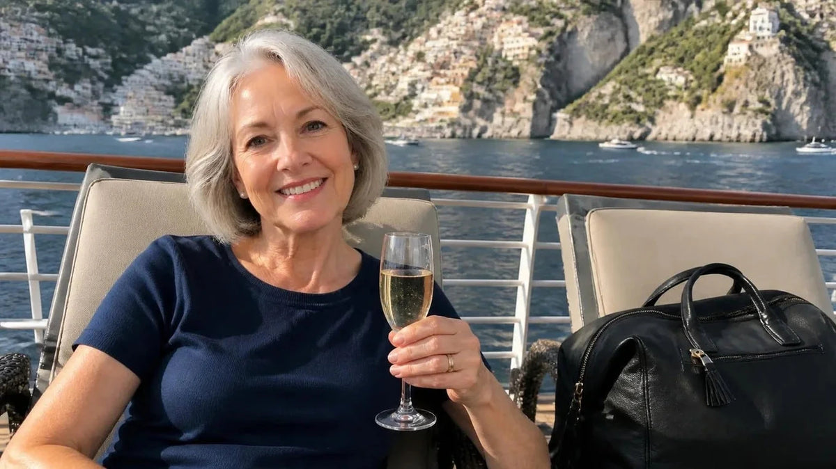 Linda on the cruise ship deck with her one charcoal Vohxe bag, the Italian coast behind her
