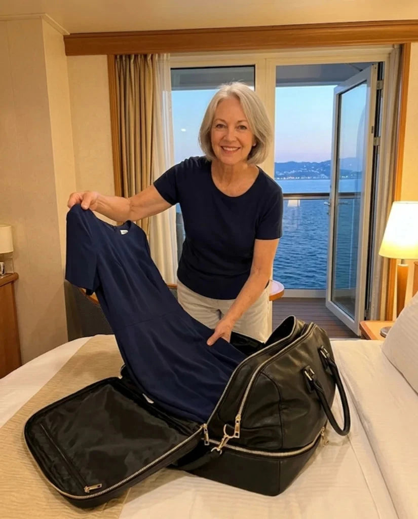 Linda lifting a crease free navy dress out of the hidden compartment of her Vohxe bag in her cabin