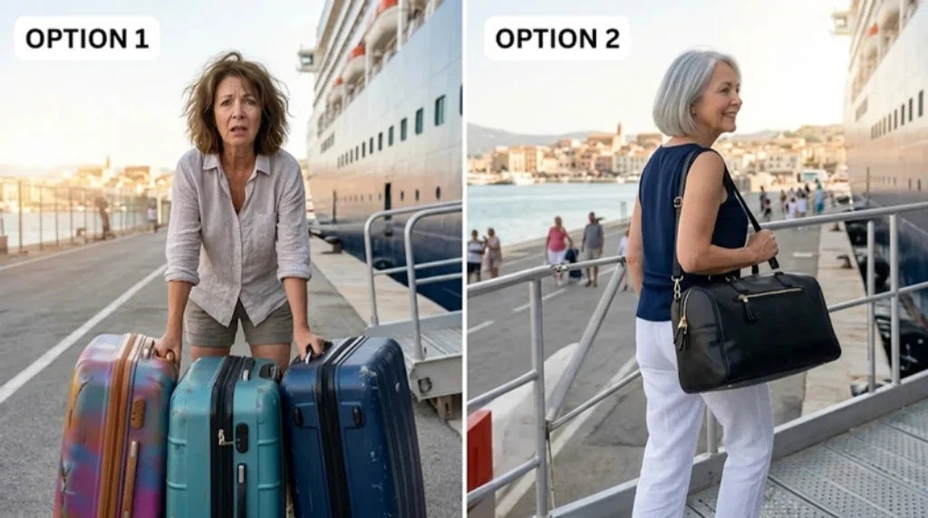 Option 1, struggling with three suitcases at the gangway, next to option 2, walking up with one bag on the shoulder