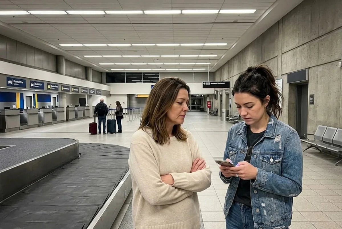 Claire and her sister Jess waiting at an empty baggage carousel late in the evening