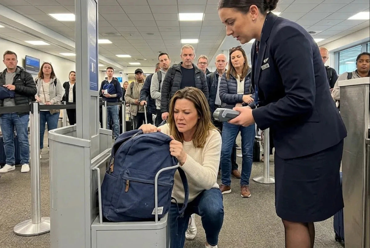 Claire kneels at the gate trying to push her stuffed backpack into the bag sizer while the gate agent holds a card reader