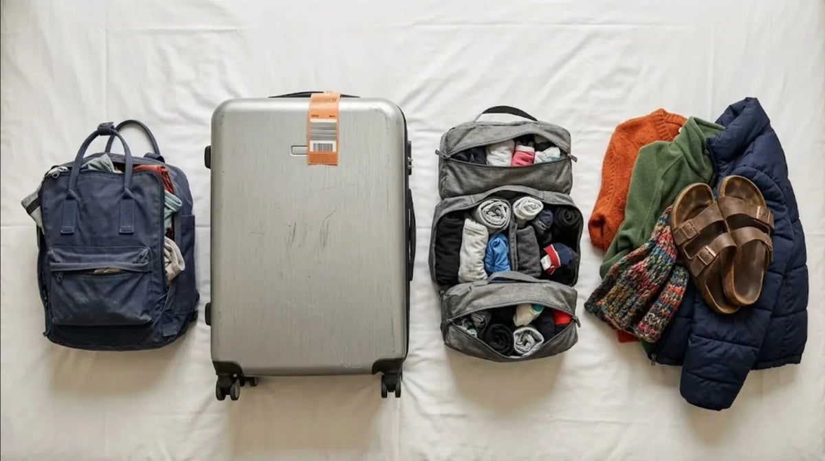 A stuffed backpack, a hard shell spinner, compression cubes and a pile of sweaters laid out on a hotel bed