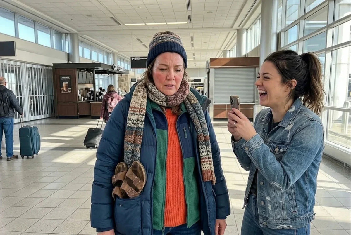 Claire wearing a sweater, a fleece, a scarf, a beanie and a puffer jacket with sandals in the pocket while her sister laughs and films her