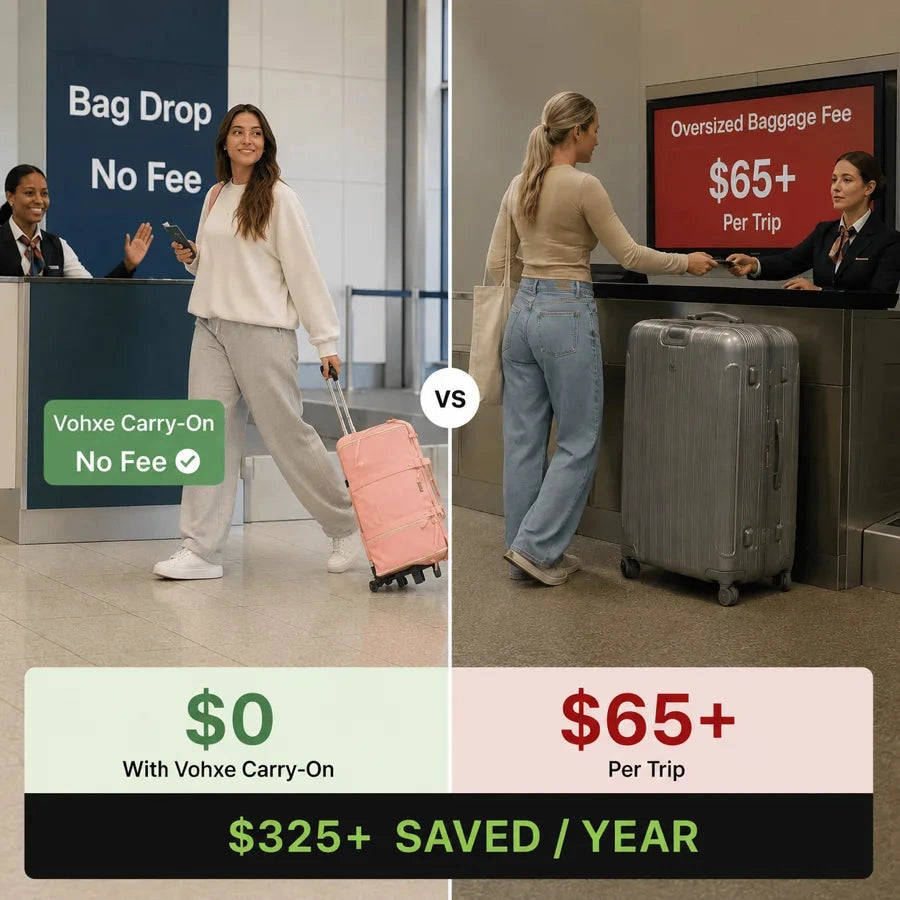 Split image: a traveler paying a checked bag fee next to a traveler walking past with a Vohxe carry on