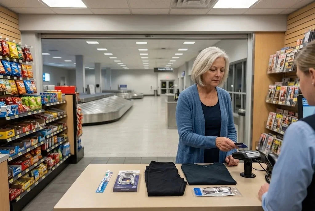 Diane at an airport shop counter after midnight paying for a toothbrush, a phone charger, leggings and drugstore reading glasses