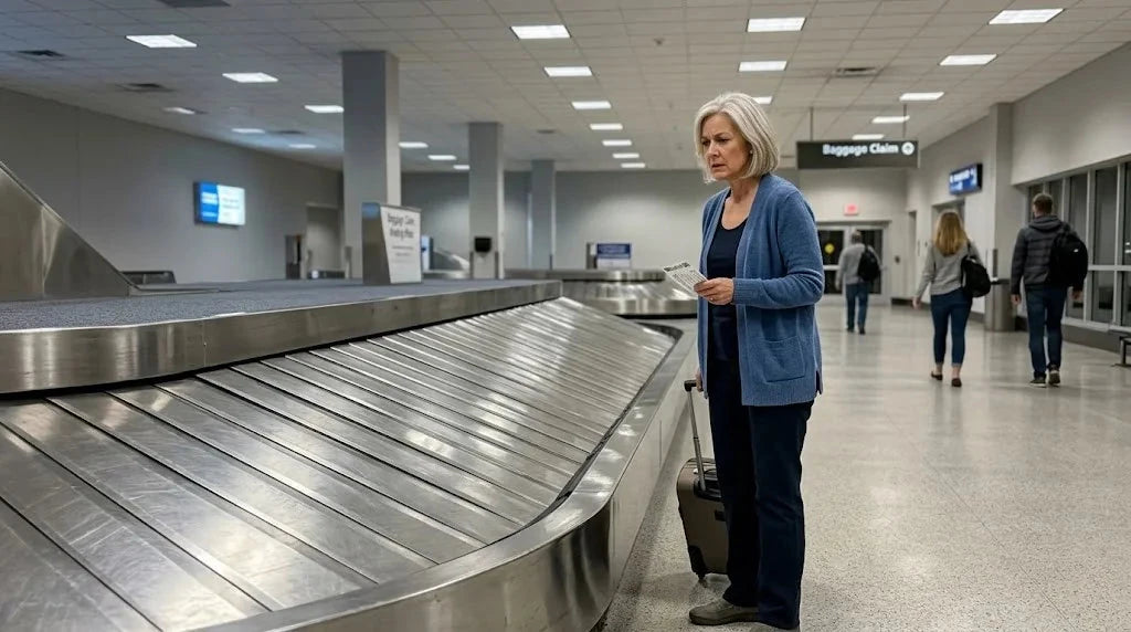 Diane standing alone at a stopped baggage carousel late at night, holding her boarding pass