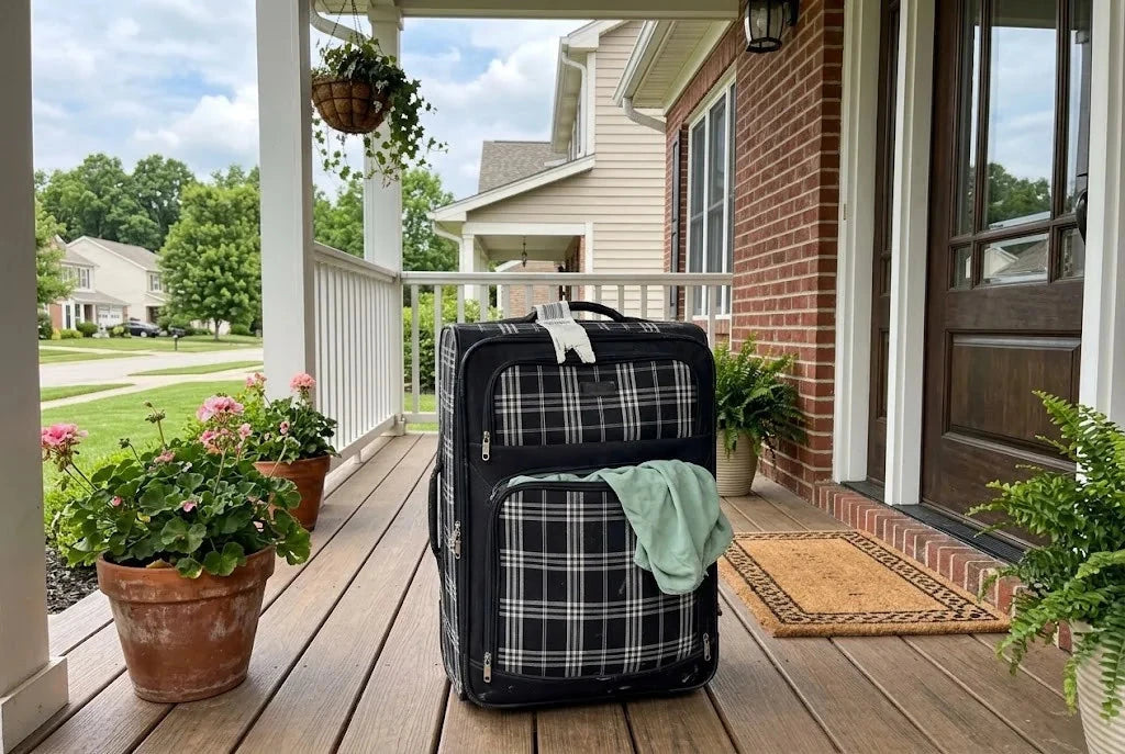 A scuffed suitcase with a torn airline tag and a split zipper left on a front porch