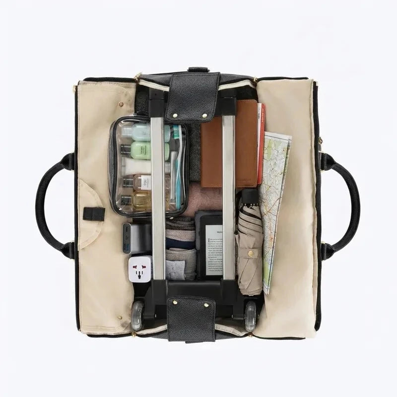 Inside the Vohxe Travel Bag 2.0, packed with clothes, toiletries and accessories in separate sections
