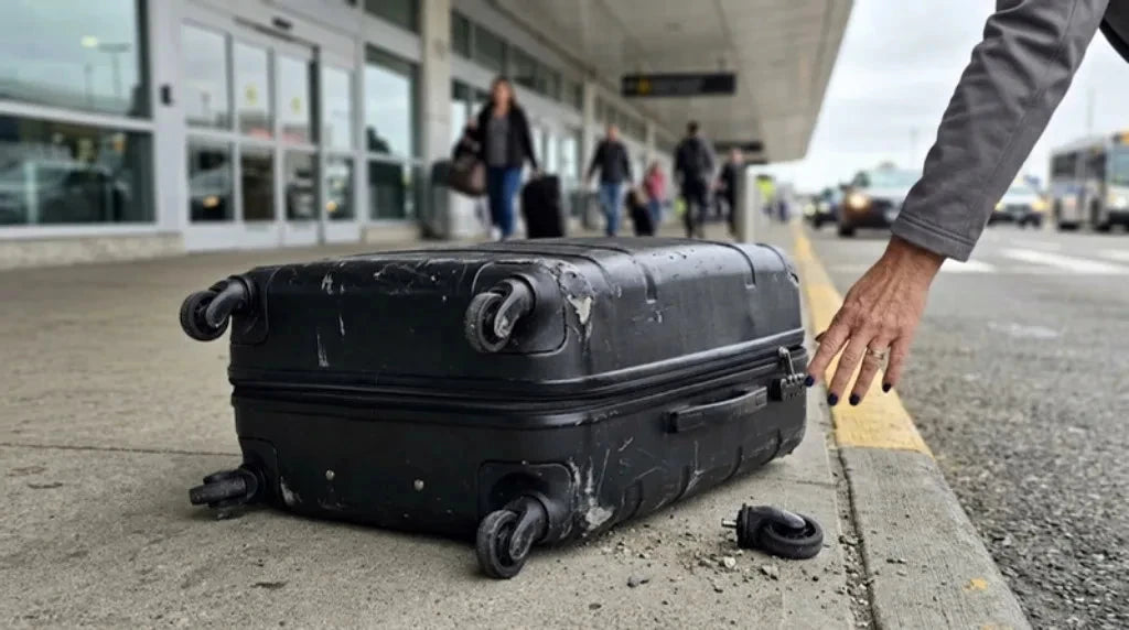A scuffed black hard shell spinner suitcase tipped over on an airport curb with one wheel snapped off