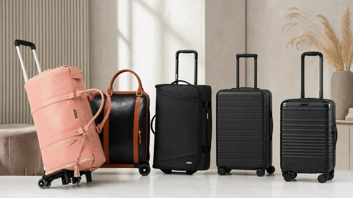 A rose pink Vohxe Travel Bag 2.0 on wheels next to four black rolling suitcases in an airport lounge