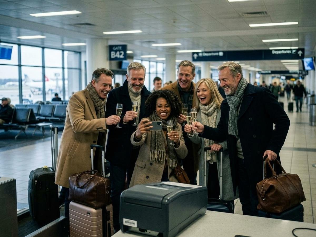 Illustration: a group of friends raising glasses together at an airport gate, posing for a photo