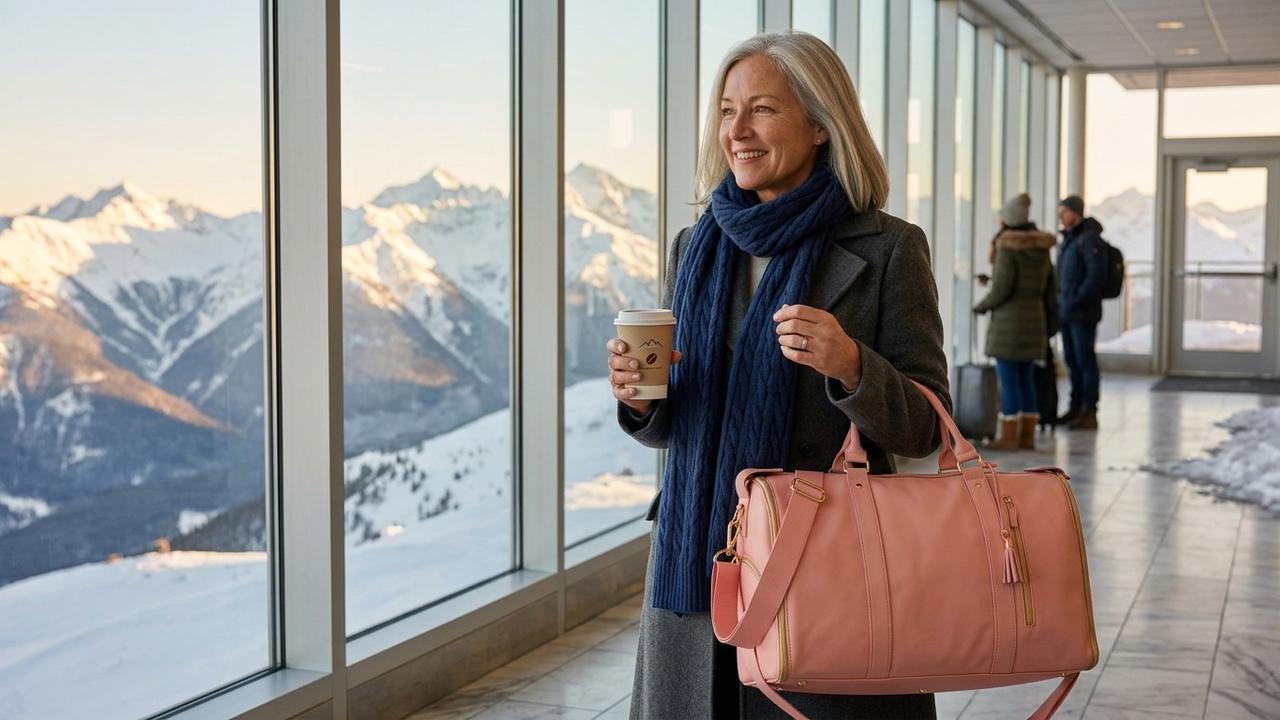 Illustration: a woman in her fifties arriving at a snowy mountain airport, calm and composed, a coffee in one hand and a rose pink travel bag on her shoulder