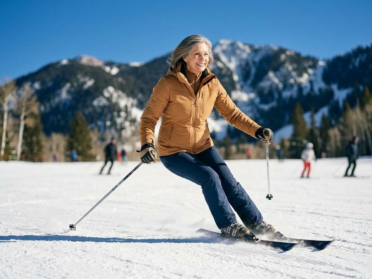Illustration: a woman in her fifties skiing down a mountain slope on a bright winter day
