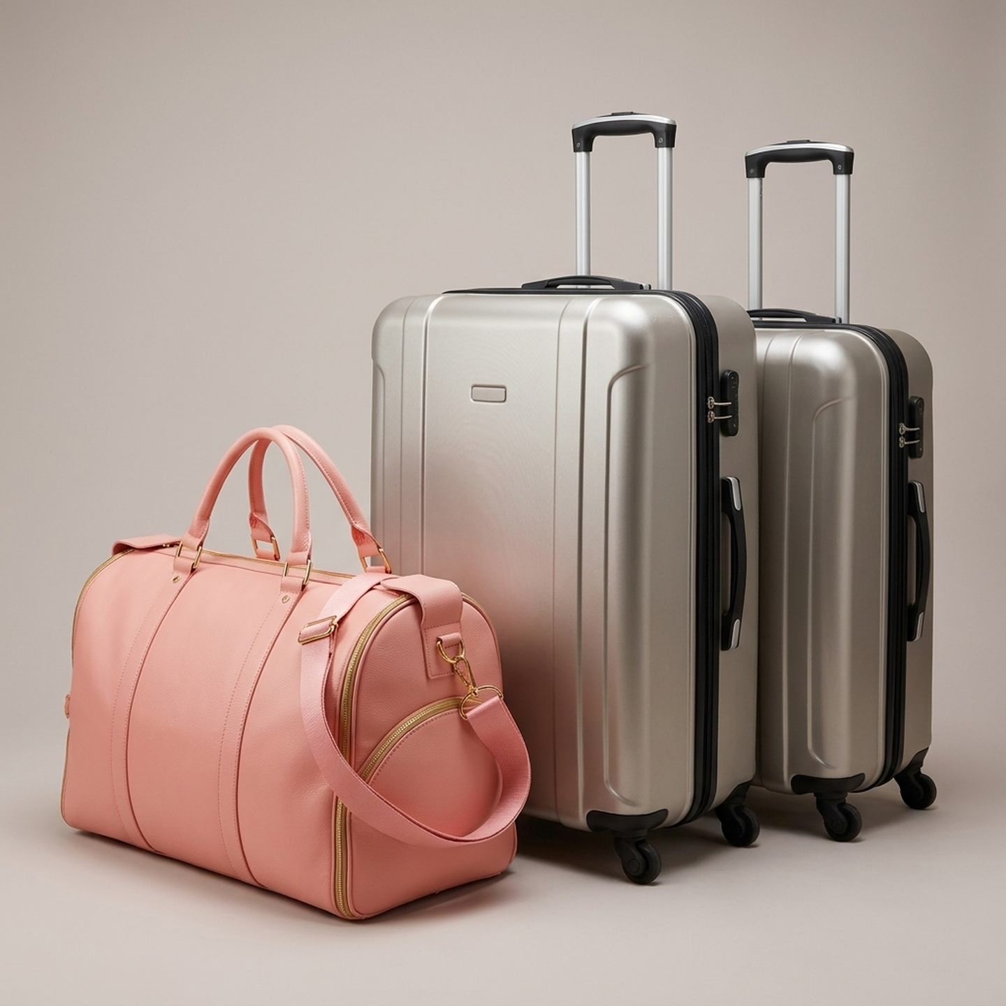 The rose pink Vohxe bag next to two bulky suitcases, showing how much smaller it packs