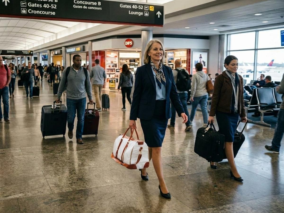 A woman moving easily through the airport with one small bag