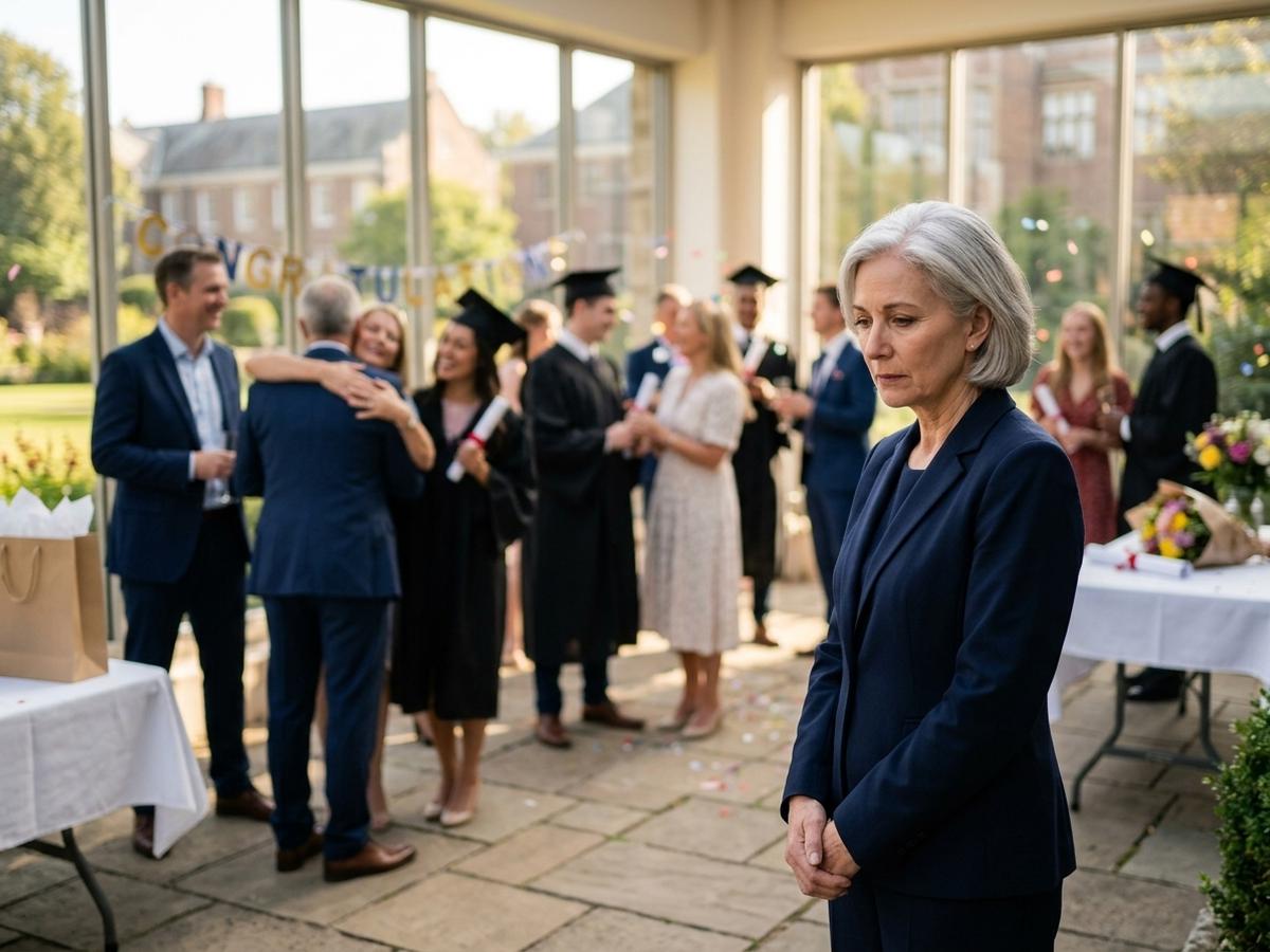 An older woman standing apart at a family graduation celebration