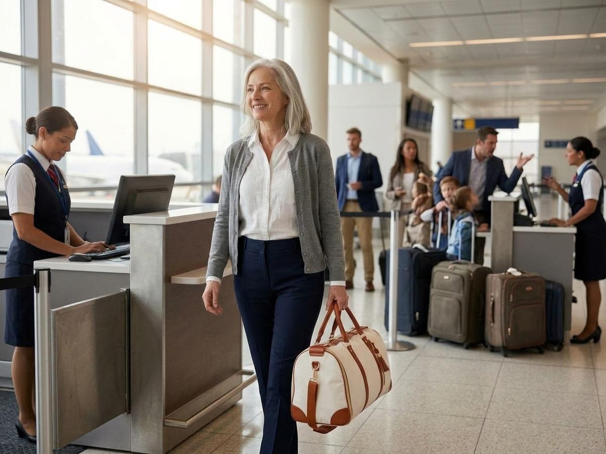 An older woman walking calmly past a crowded baggage carousel with one bag