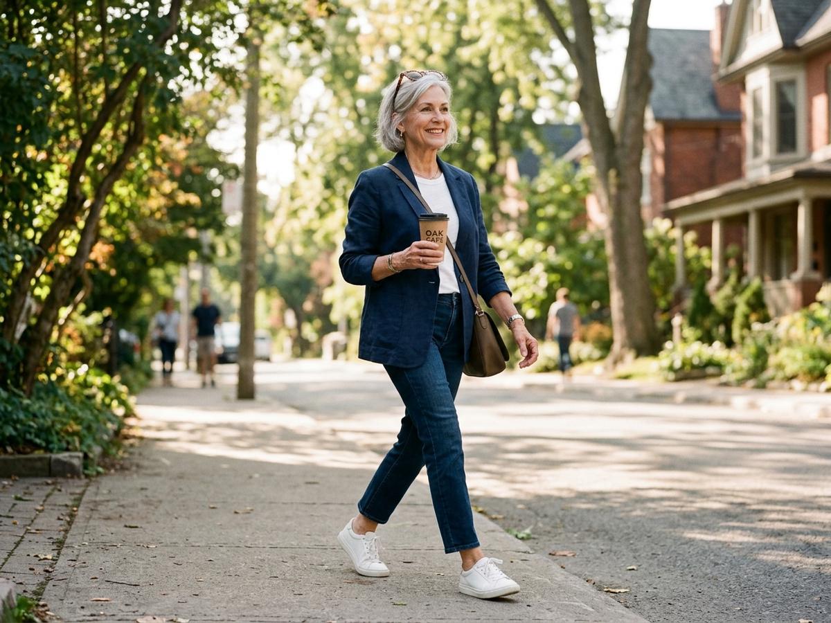 A fit older woman running on a path at sunrise