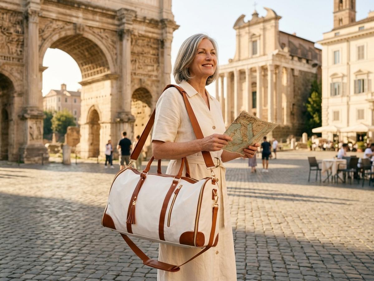 An older woman in a crisp dress standing in a sunny Roman piazza