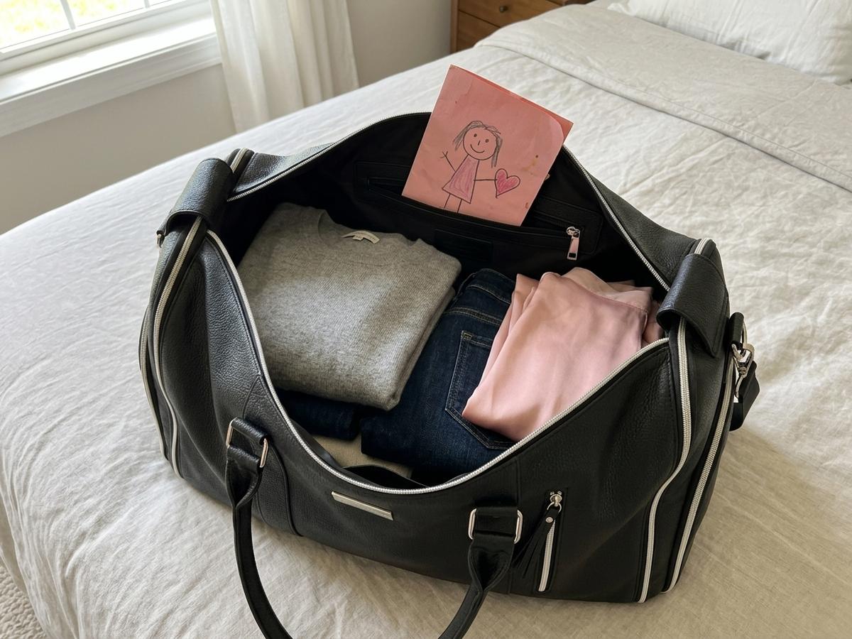 A charcoal travel bag open on a bed, packed with neatly folded clothes and a small handmade card