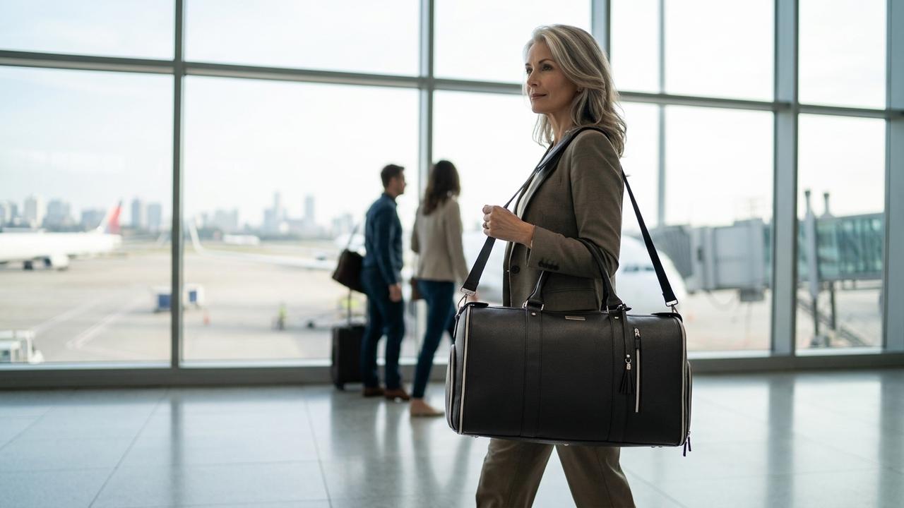 A composed woman in her fifties walking through the terminal with one structured charcoal travel bag