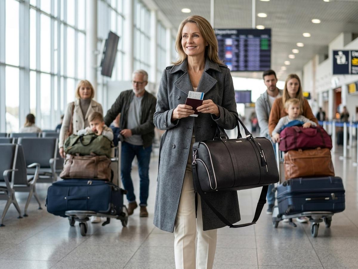 A woman in her fifties walking confidently through the terminal with one charcoal travel bag