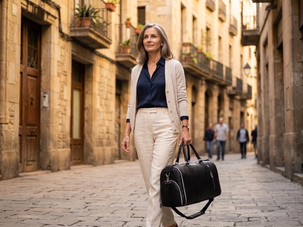 A woman in her fifties walking a narrow old-town street, calm and unhurried, with one charcoal bag